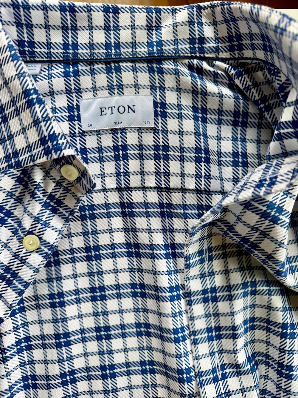 Eton Slim Fit Blue Plaid Men's Shirt size 15 1/2